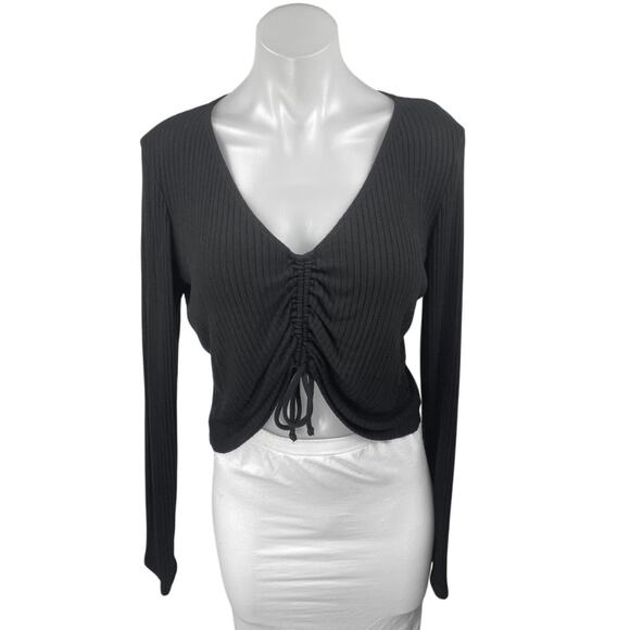 Reformation Black Ribbed Knit Ruched Tie V Neck Long Sleeve Cropped Top Size XL - Picture 1 of 4